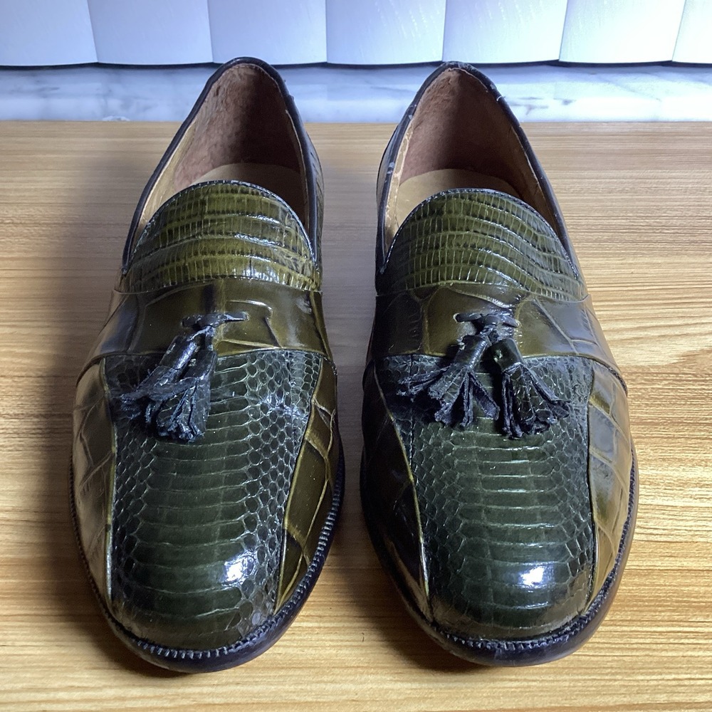 Stacy Adam's Men's 8M Green Snakeskin Leather Tassel Loafers Exotic Dress Shoes